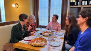 group at the table eating pizza shared